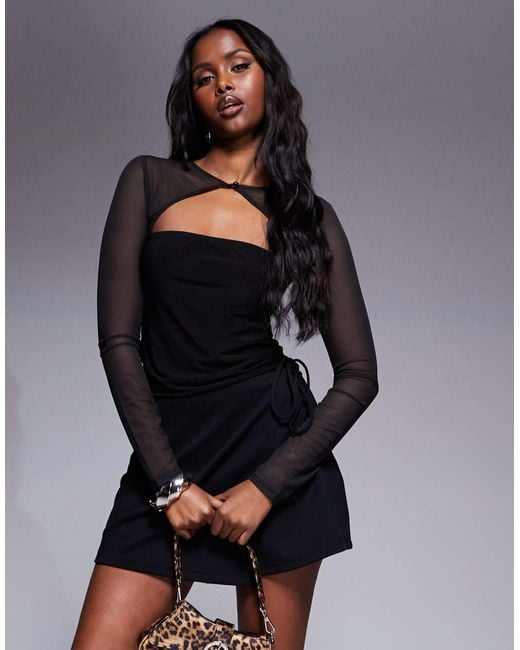 ASOS Black Mesh Long Sleeve Top With Rouleau Button Detail