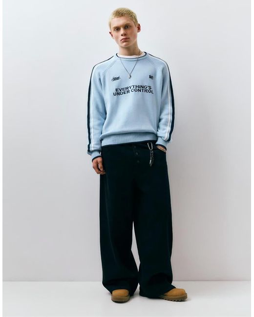 Pull&Bear Blue Stwd Embroidered Striped Jumper for men