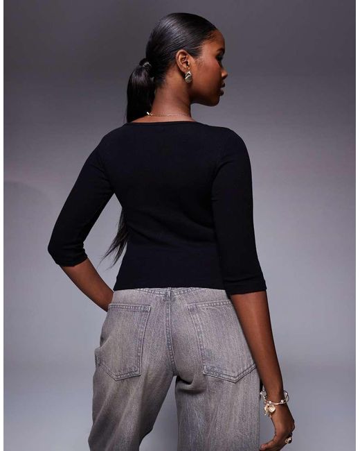 Top Con Mangas 3/4 Y Cuello Recto De Tejido Rico En Algodón Elaia De Princess Polly de color Blue