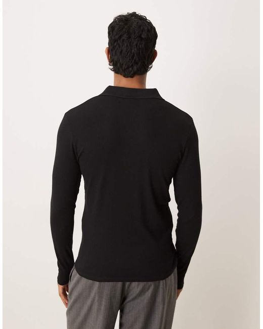 ASOS Black Muscle Fit Long Sleeve Polo for men