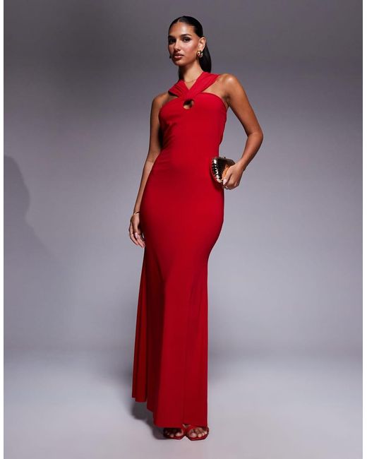 ASOS Red Halter Twisted Front Maxi Dress