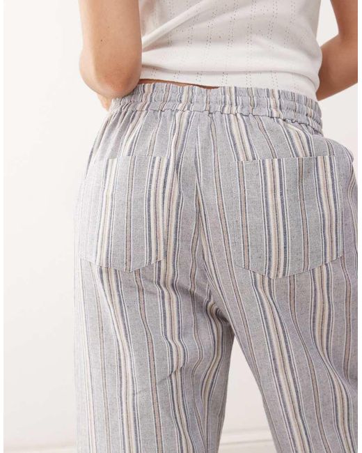 Pantaloni Comodi Blu A Righe Effetto Lino di Collusion in White