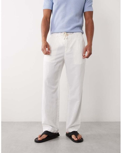 Mango White Linen Blend Straight Leg Draw String Trousers for men