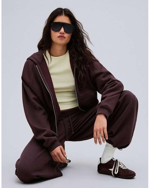 Bershka Brown Zip-up Plush Hooded Jacket