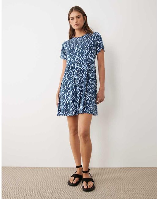 Wednesday's Girl Blue Short Sleeve Smudge Spot Mini Dress