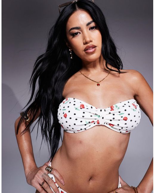River Island White Cherry Print Crinkle Bandeau Bikini Top