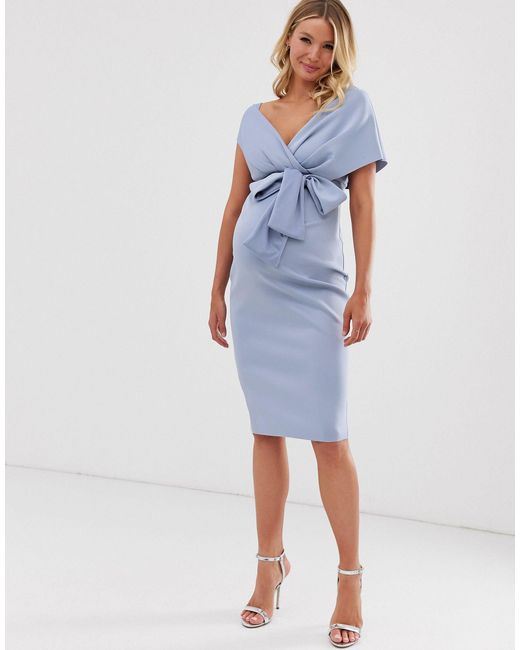 fallen shoulder midi pencil dress