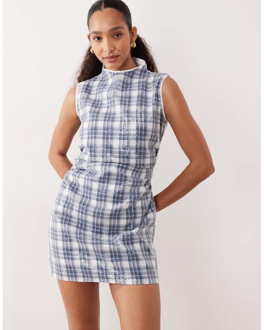 Ghospell Blue Maya Sequin Tartan Print High Neck Sleeveless Mini Dress