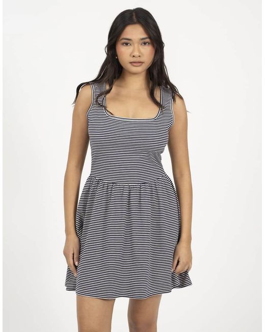 Brave Soul Gray Cotton Jersey Scoop Neck Stripe Skater Mini Dress