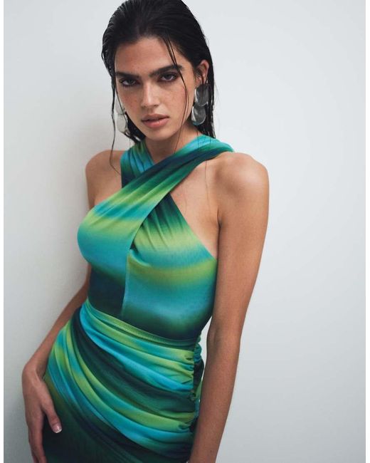 Ruched & Ready Blue Mesh Cross Front Racer Drape Waist Detail Maxi Dress