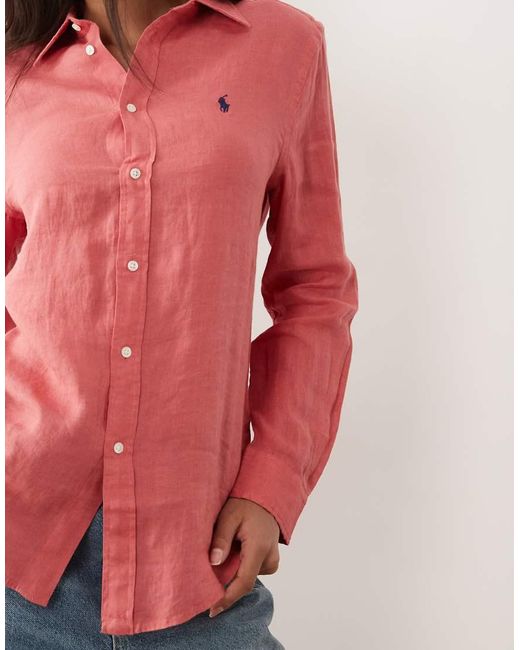 Polo Ralph Lauren Red Classic Linen Longsleeve Button Up Shirt