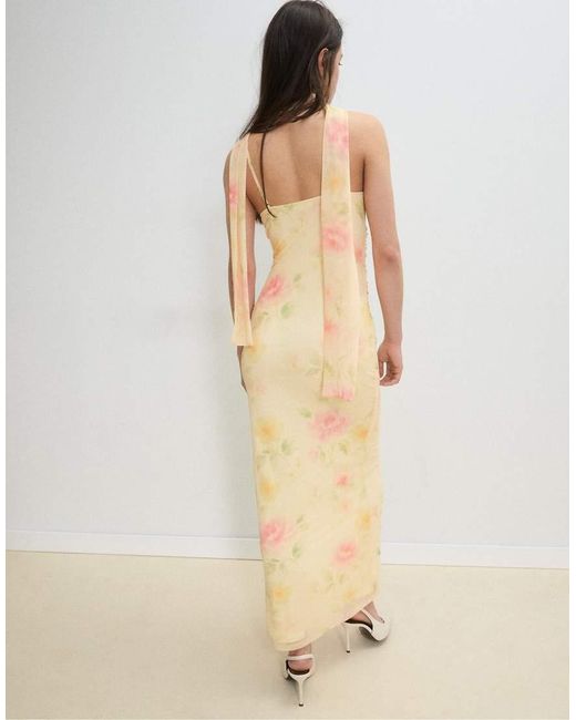 Stradivarius Metallic Printed Tulle Midi Dress With Scarf