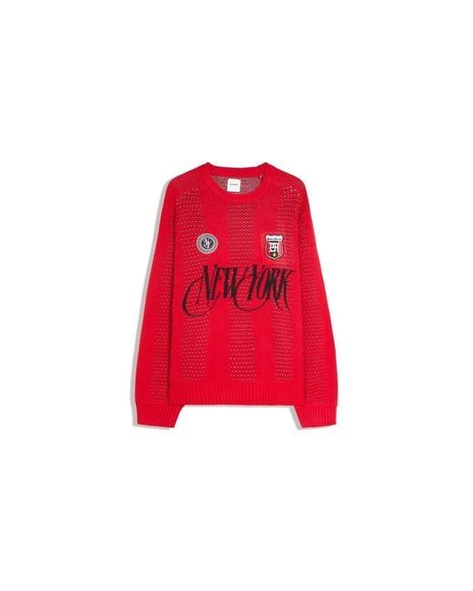 Bershka Red Mesh Patch Round Neck Jumper for men