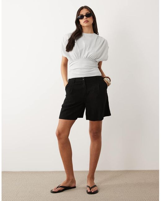 ASOS White Gathered Sleeve Cinched Waist Top