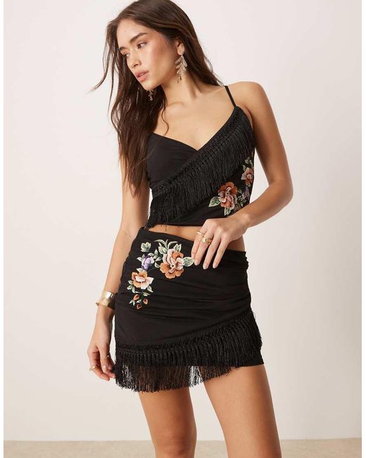 ASOS Natural Embroidered Fringed Wrap Mini Skirt