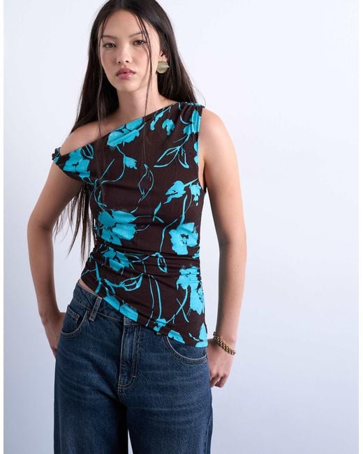 TOPSHOP Blue Floral Print One Shoulder Asymmetric Top