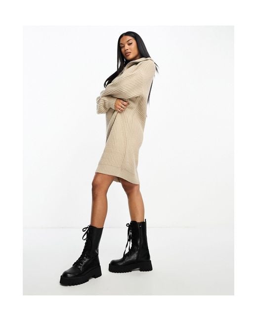 In The Style Natural X Perrie Sian Knitted Ribbed Half Zip Jumper Dress