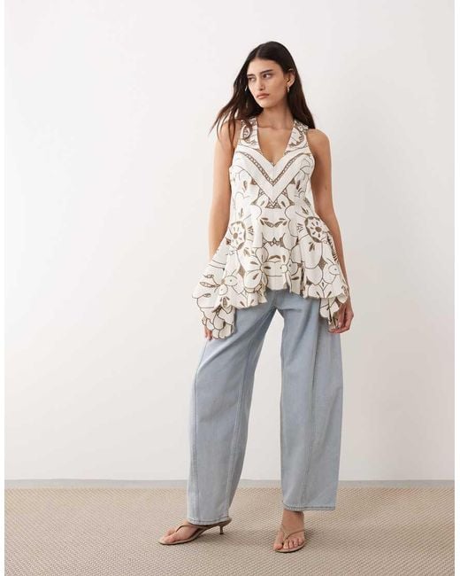 ARRANGE Natural Cutwork Embroidered Longline Trapeze Hem Top