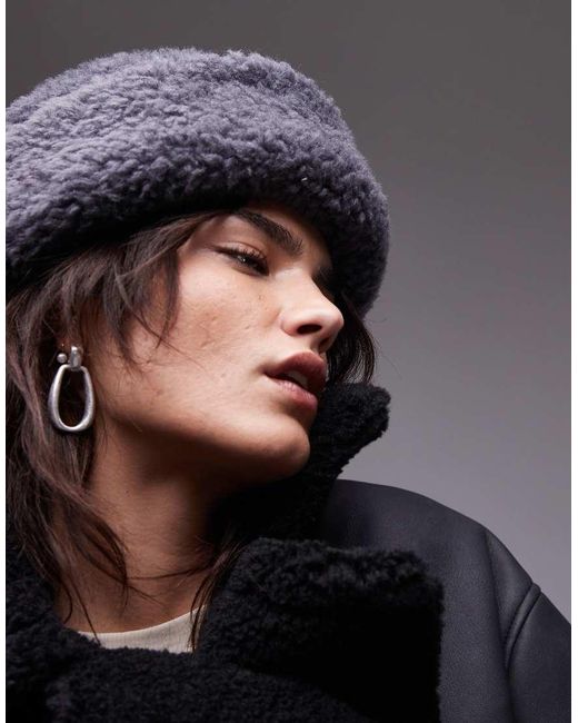 ARKET Black Premium Wool Blend Faux Shearling Hat With Fold Over Brim