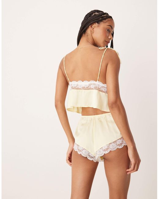 KAT THE LABEL Natural Arabella Satin Lace Trim Shorts