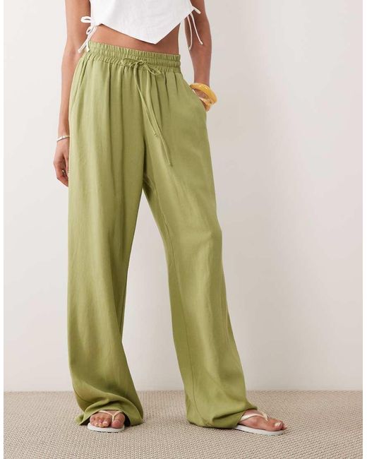 ASOS Green Linen Blend Wide Leg Pull On Trouser