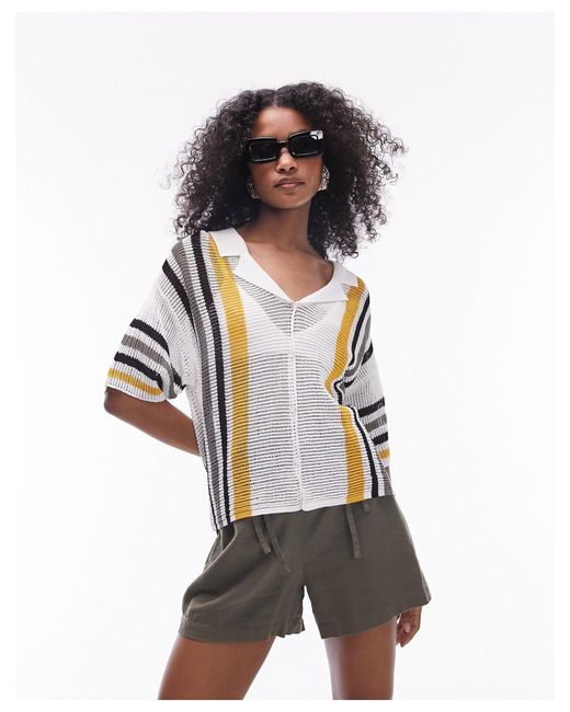 TOPSHOP White Knitted Open Stitch Stripe Polo Shirt