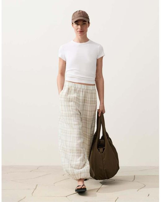 Oysho Natural Long Checked Bloomer Trousers With Side Pockets.65% Linen