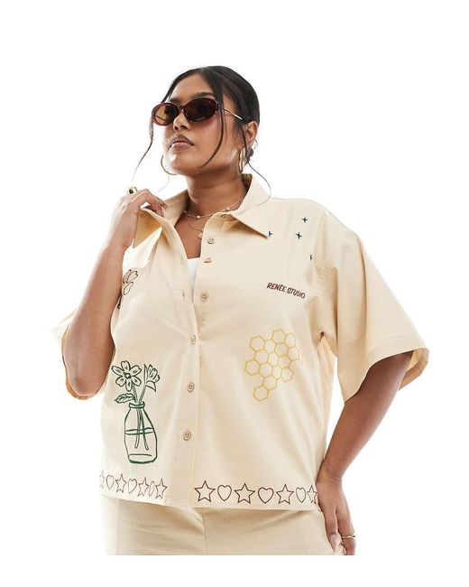 Renee Studio Natural Plus Exclusive Linen Blend Button Front Embroidered Detail Shirt Co-Ord