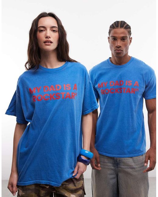 Reclaimed Vintage Blue Rockstar Slogan T-Shirt for men