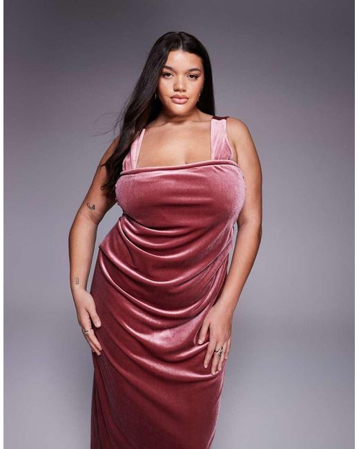 ASOS Red Asos Design Curve Velvet Curved Neckline Midi Dress With Slit