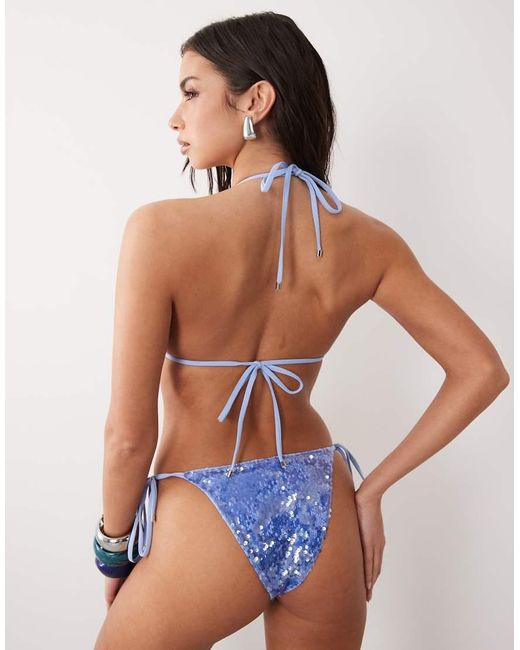 South Beach Blue Sequin Tieside Bikini Bottom With Lace Detail