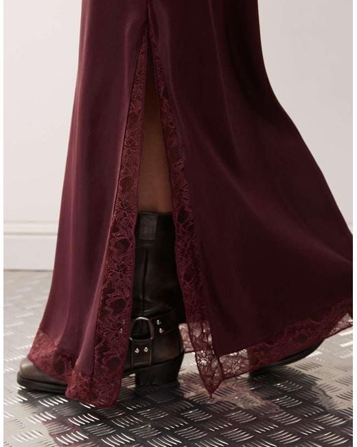Reclaimed Vintage Red Satin Midi Skirt With Lace Trim