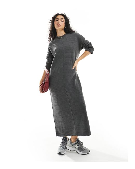 ASOS Gray Oversized Knitted Midi Dress With Crew Neck And Seam Detail