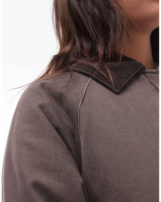 TOPSHOP Brown Longline Cotton Padded Jacket With Cord Collar