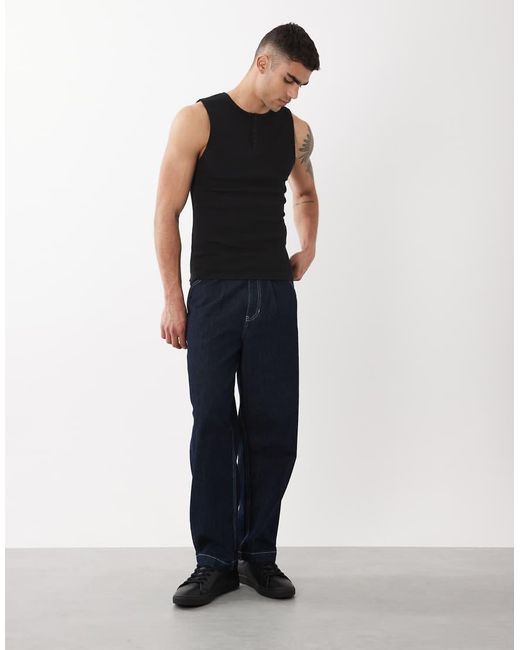 ASOS Black Muscle Fit Tank With Henley Neck for men