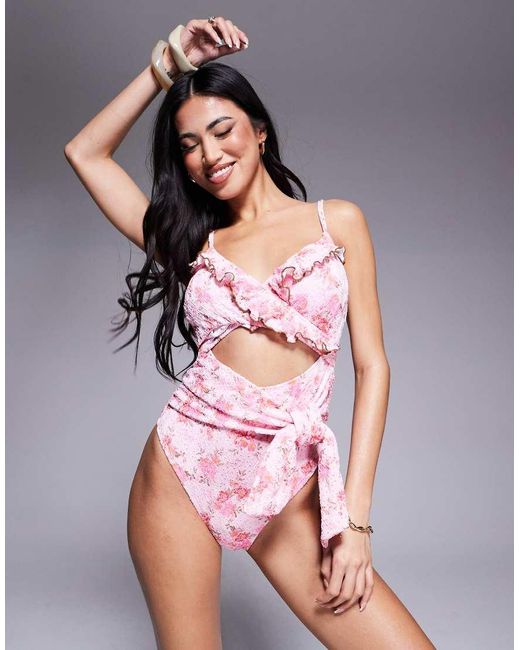 River Island Pink Broderie Ditsy Wrap Swimsuit
