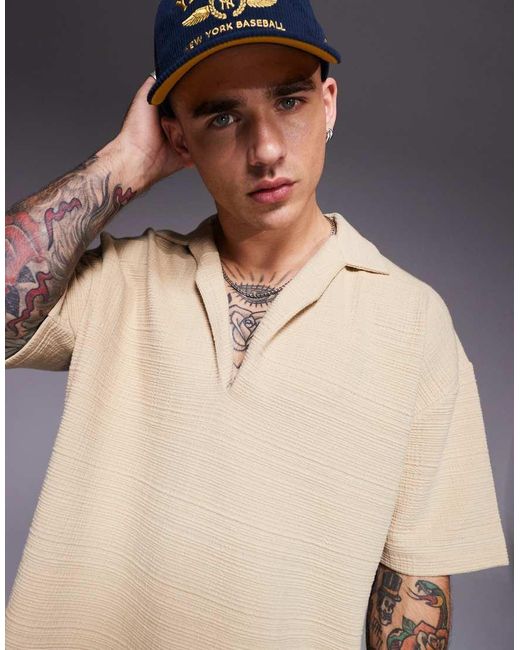 Camiseta Color Piedra Extragrande Con Cuello De Solapas De Tejido Texturizado De -Neutro ASOS de hombre de color Natural
