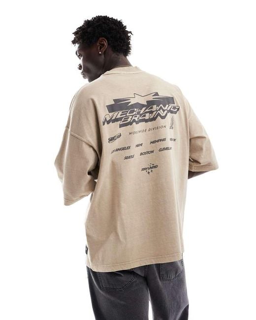 Pull&Bear Natural Stwd Mechanic Printed T-Shirt for men