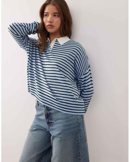 Collusion Blue Knitted Stripe Polo Jumper