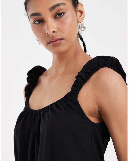 ASOS Black Puff Sleeve Linen Mix Mini Dress