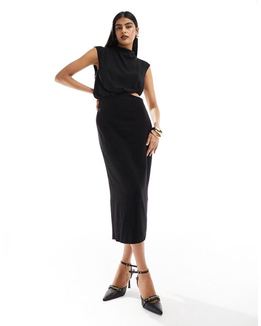 ASOS Black Linen Sleeveless Midi Dress With Cut Out Waist Detail