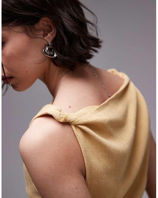 TOPSHOP Brown Twist Shoulder Linen Mini Dress