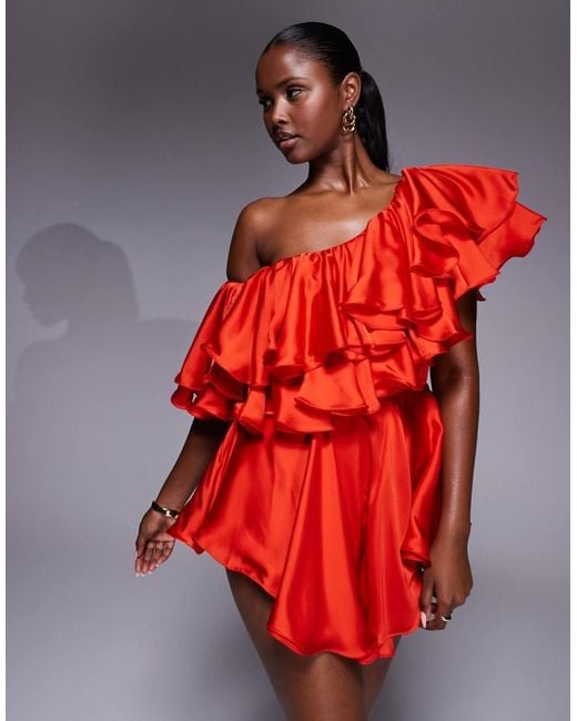 The Dolls House Red Liliana Asymmetric Ruffle Satin Playsuit