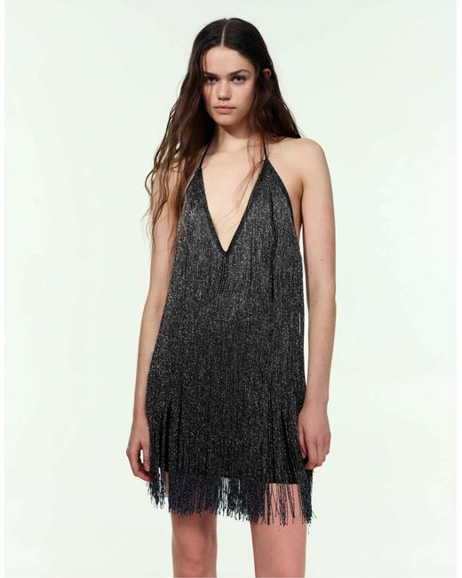 Robe courte dos nu à franges Pull&Bear en coloris Black