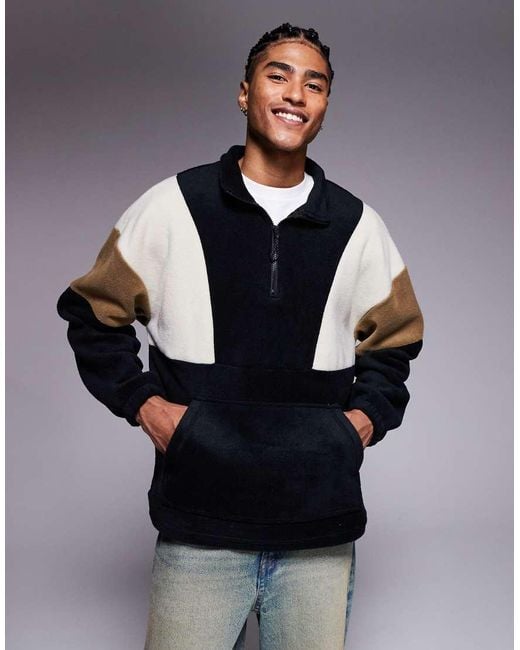 Sudadera Negra Extragrande Con Cremallera Corta, Cuello Alzado Y Diseño Color Block De Felpa De ASOS de hombre de color Blue