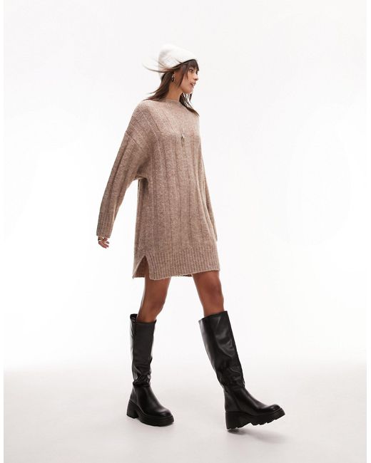 TOPSHOP Brown Knitted Oversized Funnel Neck Wide Rib Mini Dress