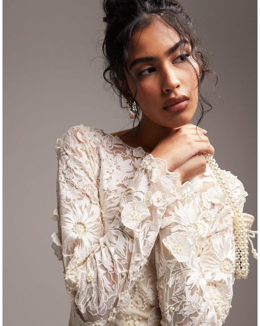 ASOS Brown Long Sleeve Embroidered Mini Wedding Dress