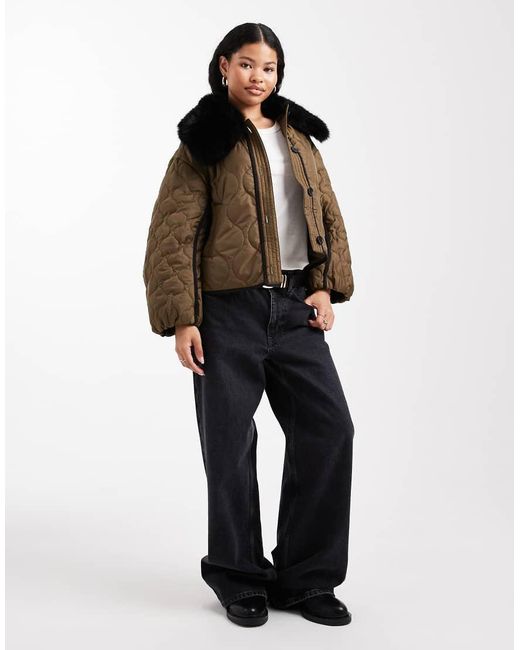 ASOS Brown Asos Design Petite Quilted Hybrid Borg Collarless Jacket