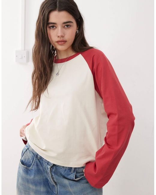Collusion Red Raglan Long Sleeve Boxy T-shirt