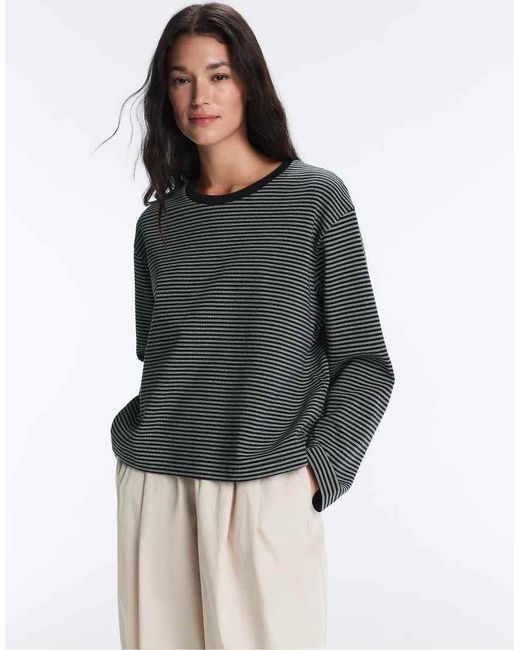 Oysho Gray Double Stripe Cotton Blend Long Sleeve T-Shirt